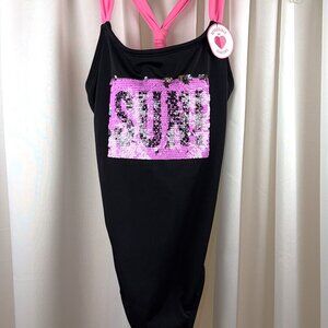 NWT Girls Justice Size 14 One-Piece Swimsuit w/Reversible "Sun!/Fun!" Sequins